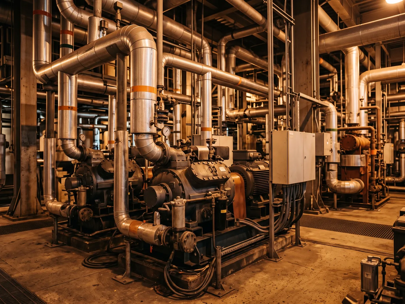 Sala de máquinas de refrigeración industrial con compresores de amoniaco (NH3/R717) y tuberías de proceso, planta industrial de proceso continuo, iluminación industrial fría, sin personas, sin logotipos de fabricante visibles