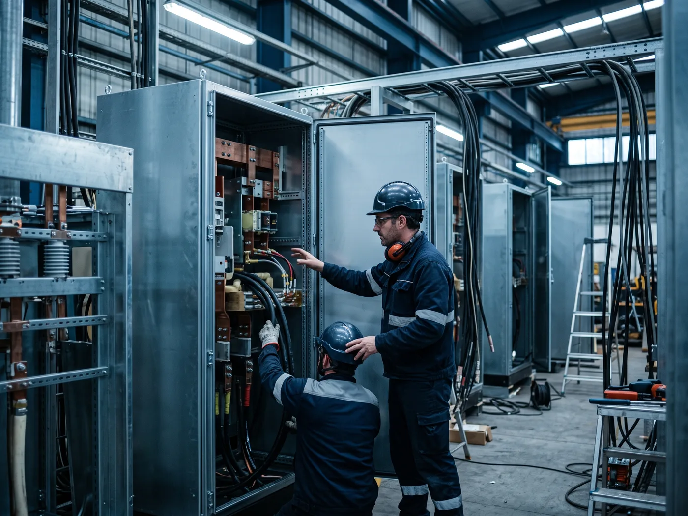 Técnico dirigiendo el montaje de un cuadro o celda de media tensión en una nave industrial, foto documental de obra eléctrica industrial, sin logotipos de cliente
