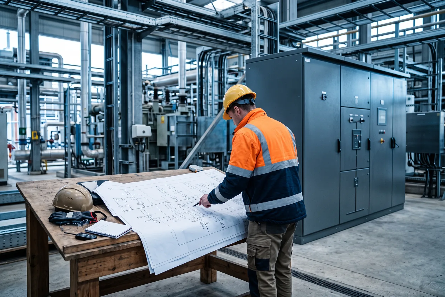 Ingeniero de proyecto revisando un plano unifilar sobre una mesa de obra, con un cuadro de media tensión industrial al fondo