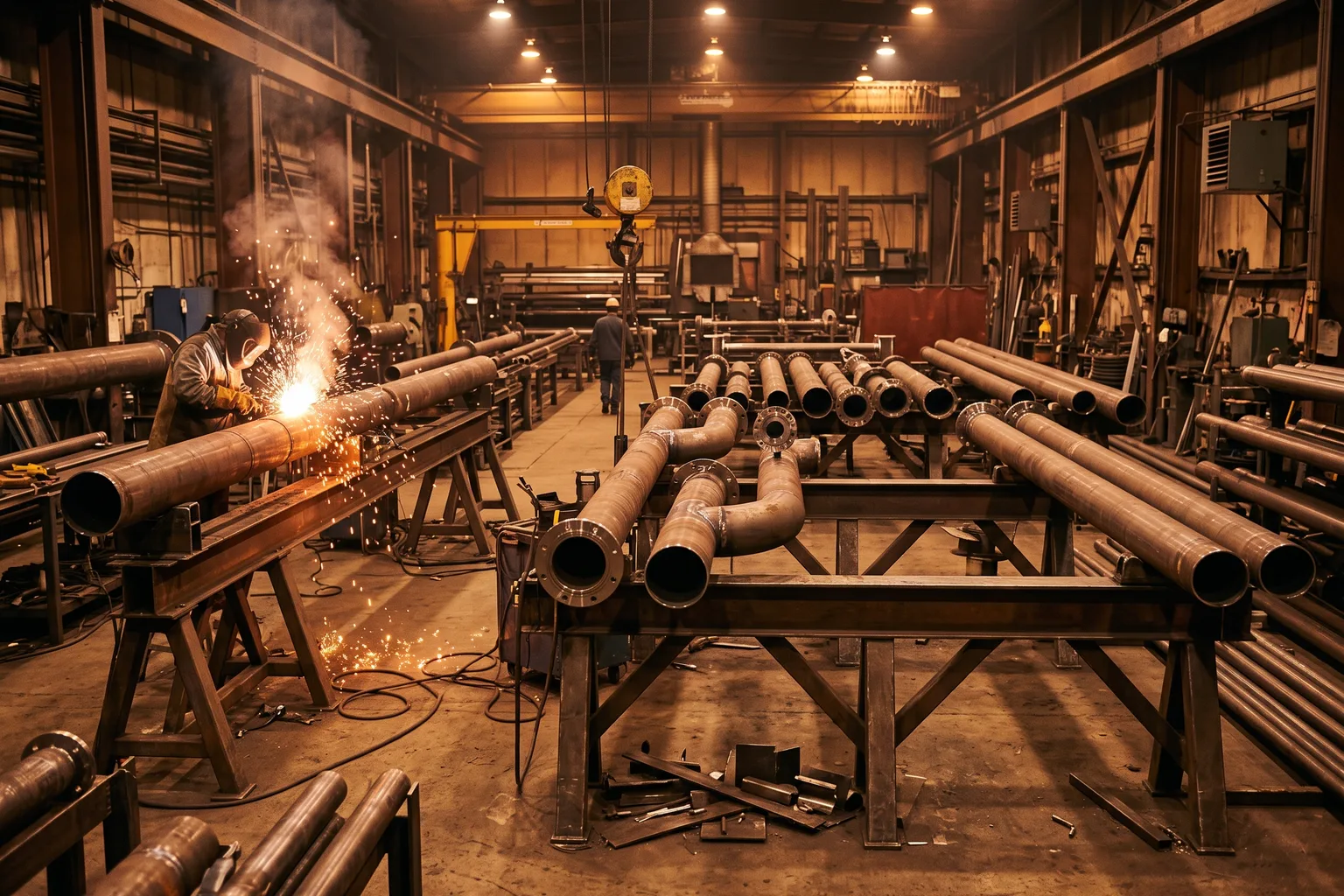 Taller de fabricación de spools de tubería industrial: tramos de tubería de acero soldados sobre caballetes metálicos