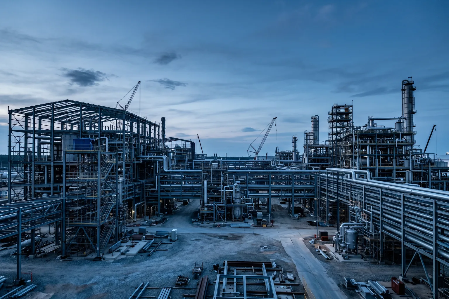 Planta industrial en construcción con estructura metálica, tuberías y andamiaje, luz de atardecer, obra de gran escala tipo proyecto EPC — sin personas identificables en primer plano, sin logos visibles