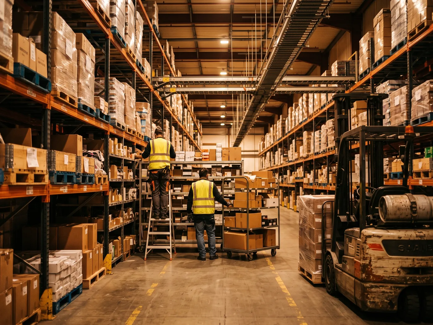 Interior de centro de distribución logístico en operación, pasillos de estanterías con mercancía paletizada, actividad de picking a media distancia, fotografía industrial realista