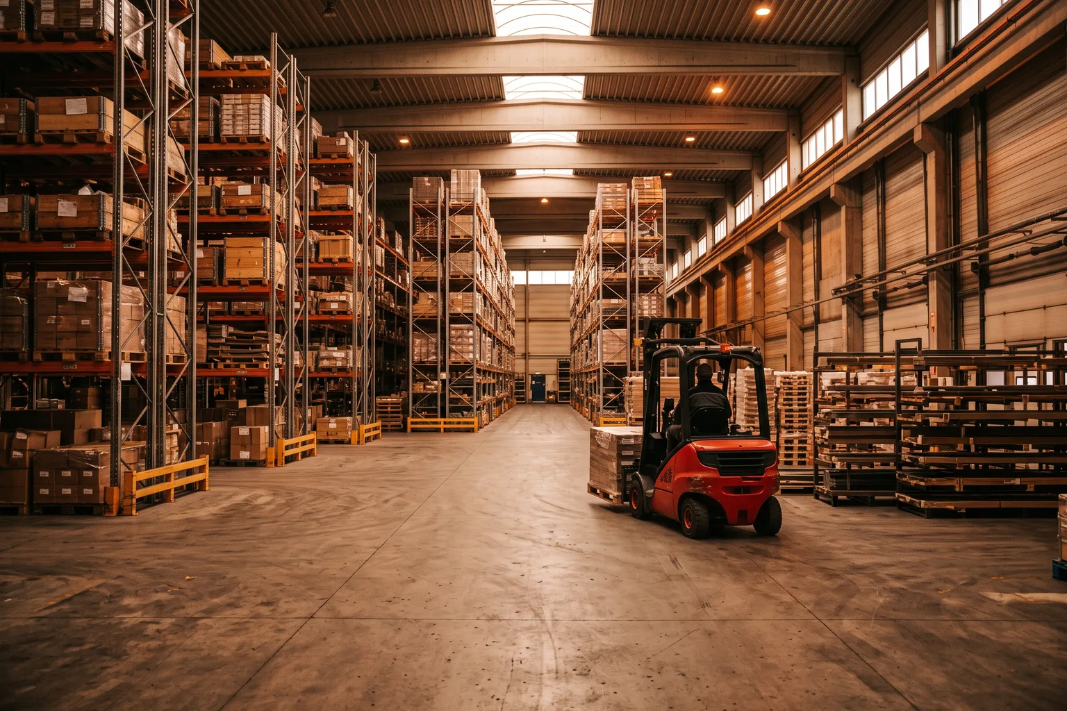 Nave logística amplia con estanterías industriales de gran altura y una carretilla elevadora contrapesada real en pasillo ancho, luz natural de nave, ningún operario en primer plano, sin logos visibles, fotografía industrial realista