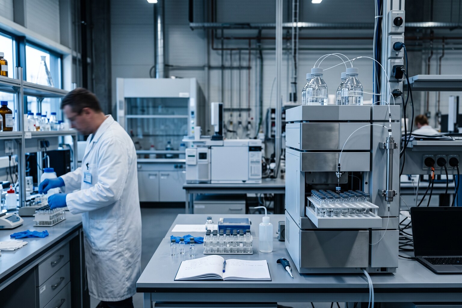 Cromatógrafo de líquidos HPLC de banco con autosampler y columna visibles, en un laboratorio de control de calidad industrial real (bata blanca, guantes, viales sobre la superficie de trabajo); no es un laboratorio escolar ni foto de stock genérica de oficina.