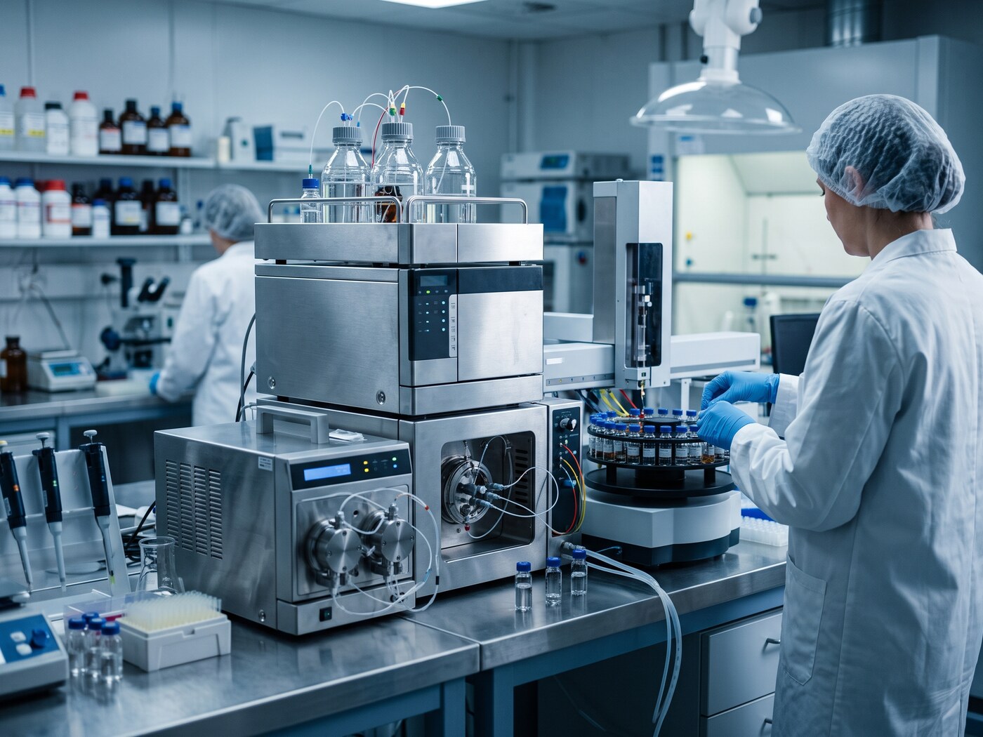 Banco de laboratorio analítico amplio con instrumentación de cromatografía (HPLC o GC) en uso, ambiente de control de calidad industrial/farmacéutico, sin personas identificables en primer plano.