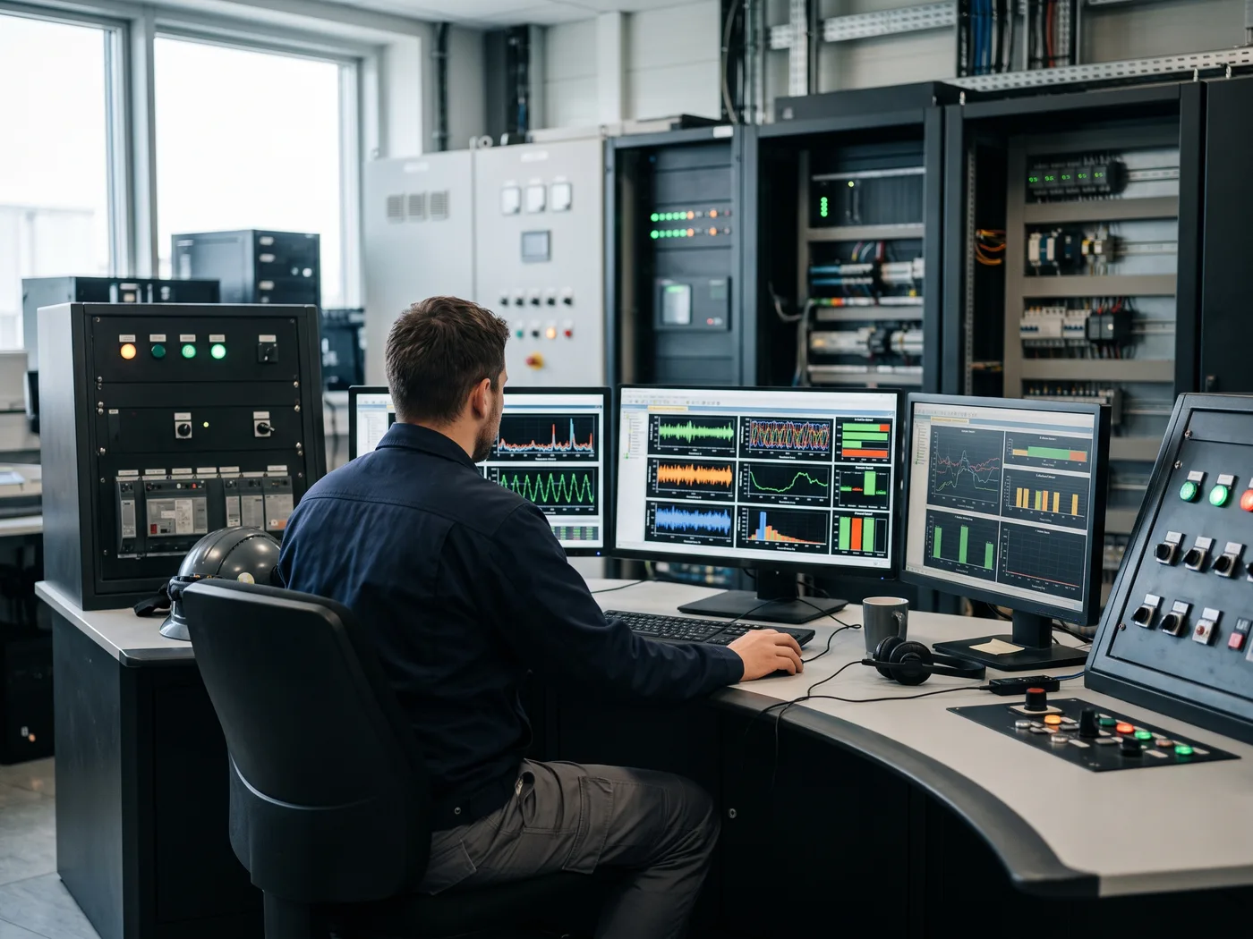 Sala de control de una planta industrial con paneles de monitoreo de vibración y disponibilidad de activos rotativos en pantallas, y un ingeniero de mantenimiento revisando gráficas de tendencia junto a una consola técnica