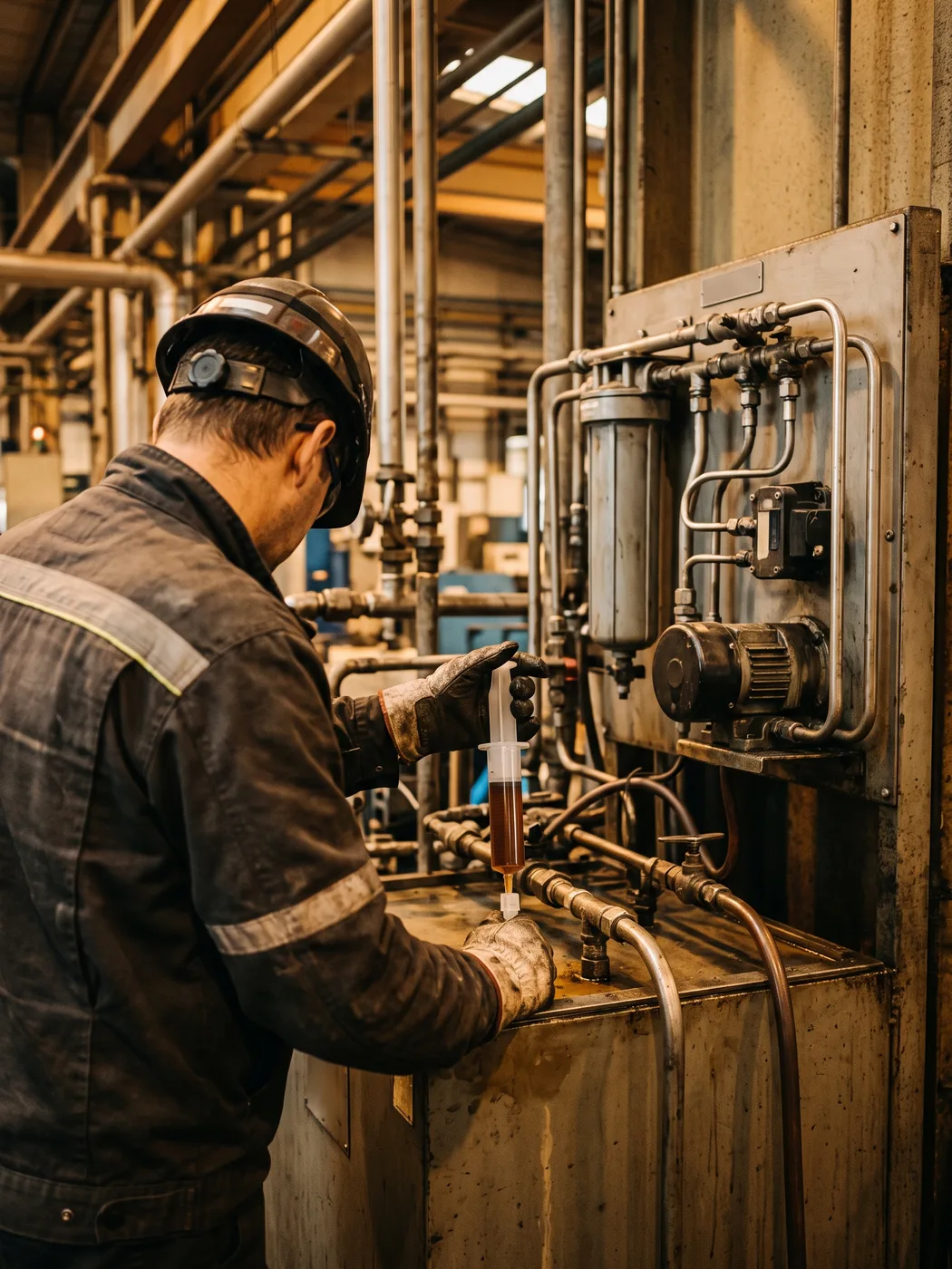 Técnico de mantenimiento industrial tomando una muestra de aceite hidráulico con jeringa desde un punto de muestreo de un depósito, junto a un panel de filtración fuera de línea (kidney loop) instalado en planta, luz industrial realista, sin actores posando, foto documental no de stock de aula