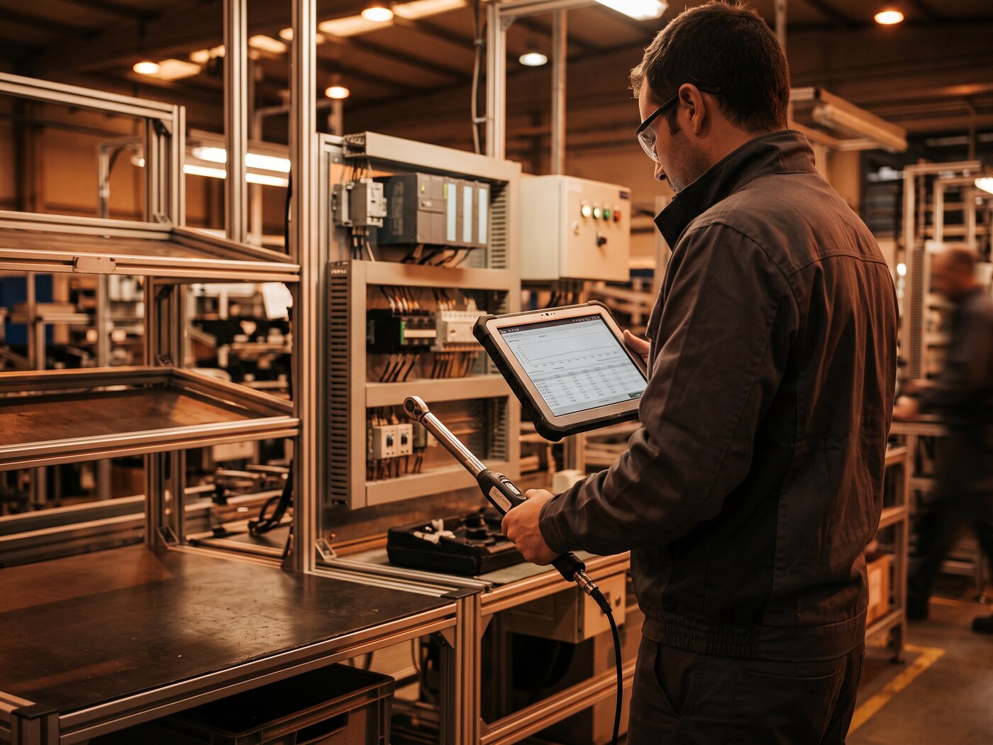 Técnico de calidad revisando el registro digital de pares de apriete de una estación de ensamblaje, con una llave dinamométrica electrónica en la mano
