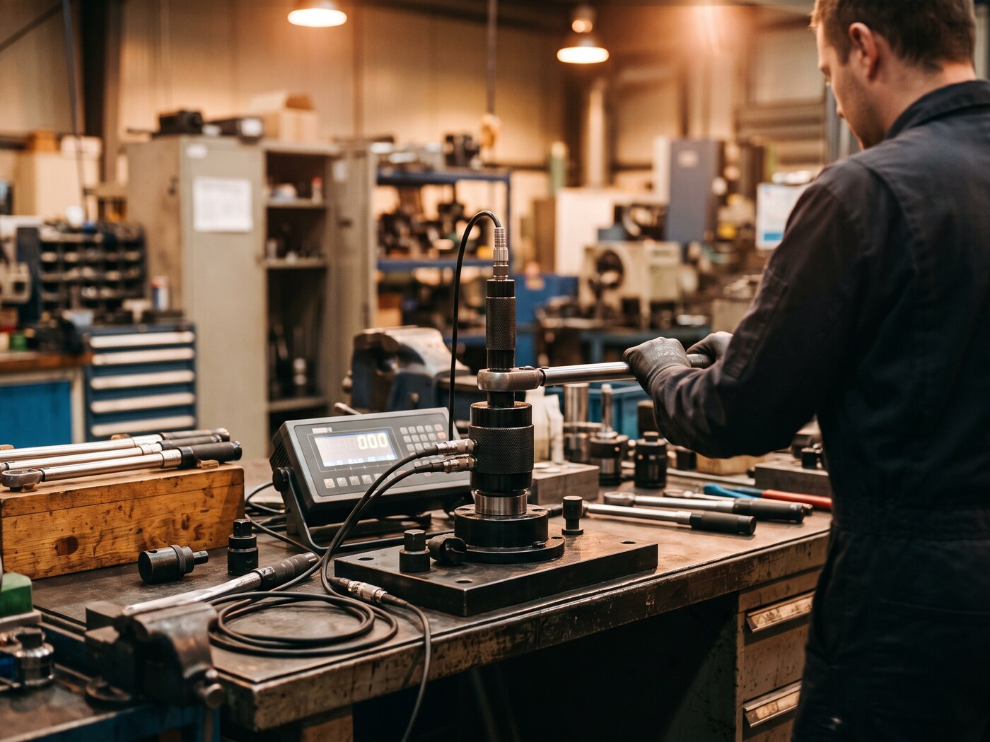 Banco de calibración de llaves dinamométricas en un laboratorio de metrología industrial, transductor de par y pantalla digital de verificación en primer plano