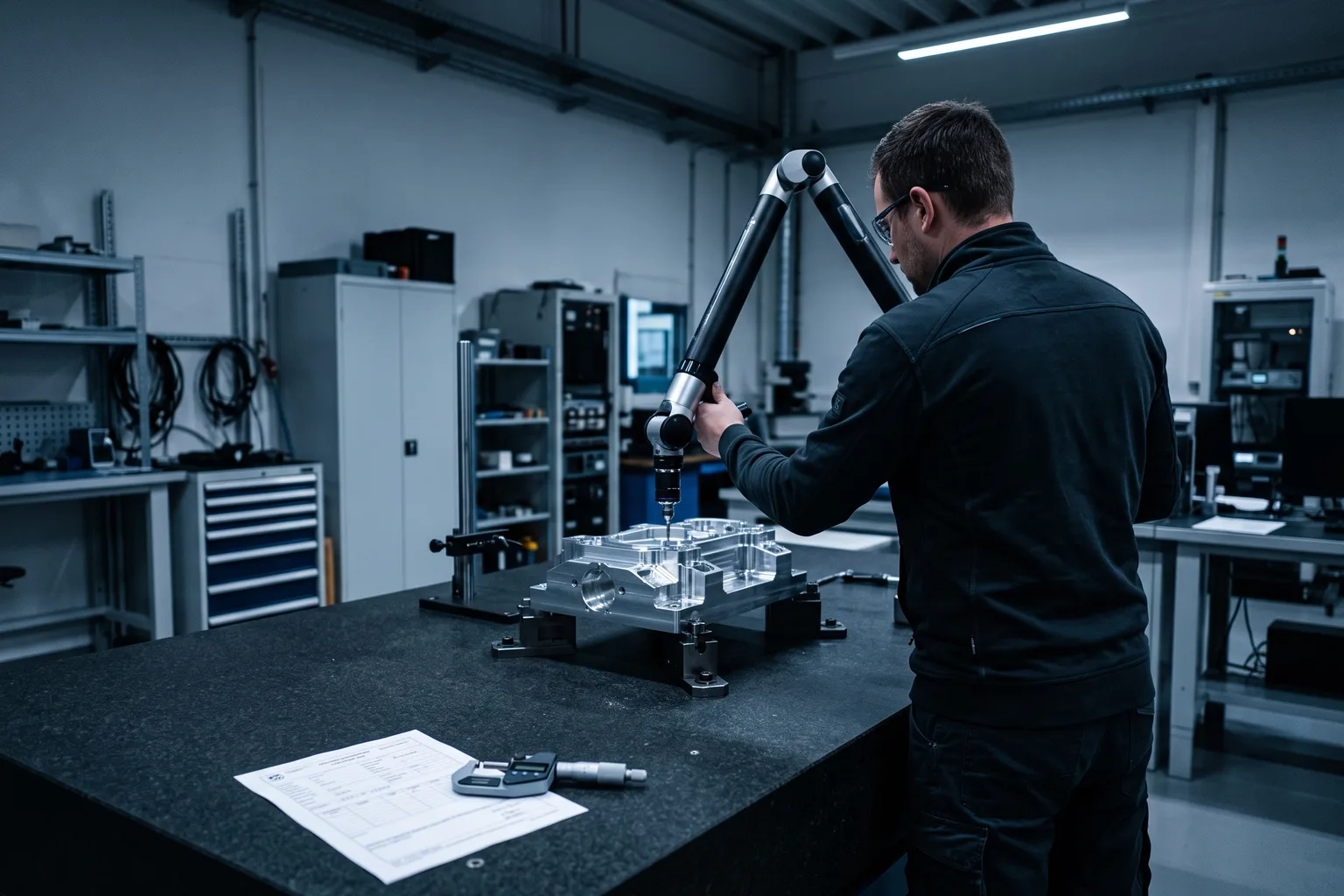 Metrólogo de calidad verificando las cotas de una pieza mecanizada con un brazo de medición por coordenadas (CMM) portátil sobre una mesa de granito en un laboratorio de calibración industrial, con un micrómetro digital y un certificado de calibración impreso en primer plano y luz técnica fría de sala de metrología al fondo