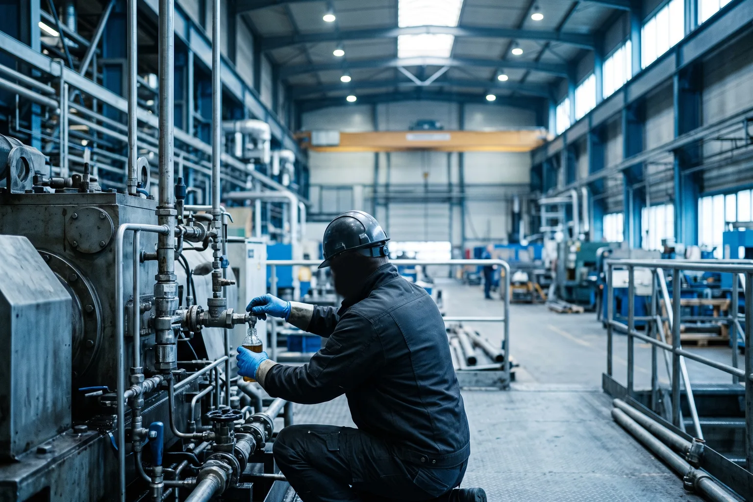 Técnico industrial con guantes tomando una muestra de aceite lubricante en un punto de muestreo de una máquina, en planta industrial, luz natural de nave, sin logos visibles, foto documental realista, nunca aula ni stock genérico
