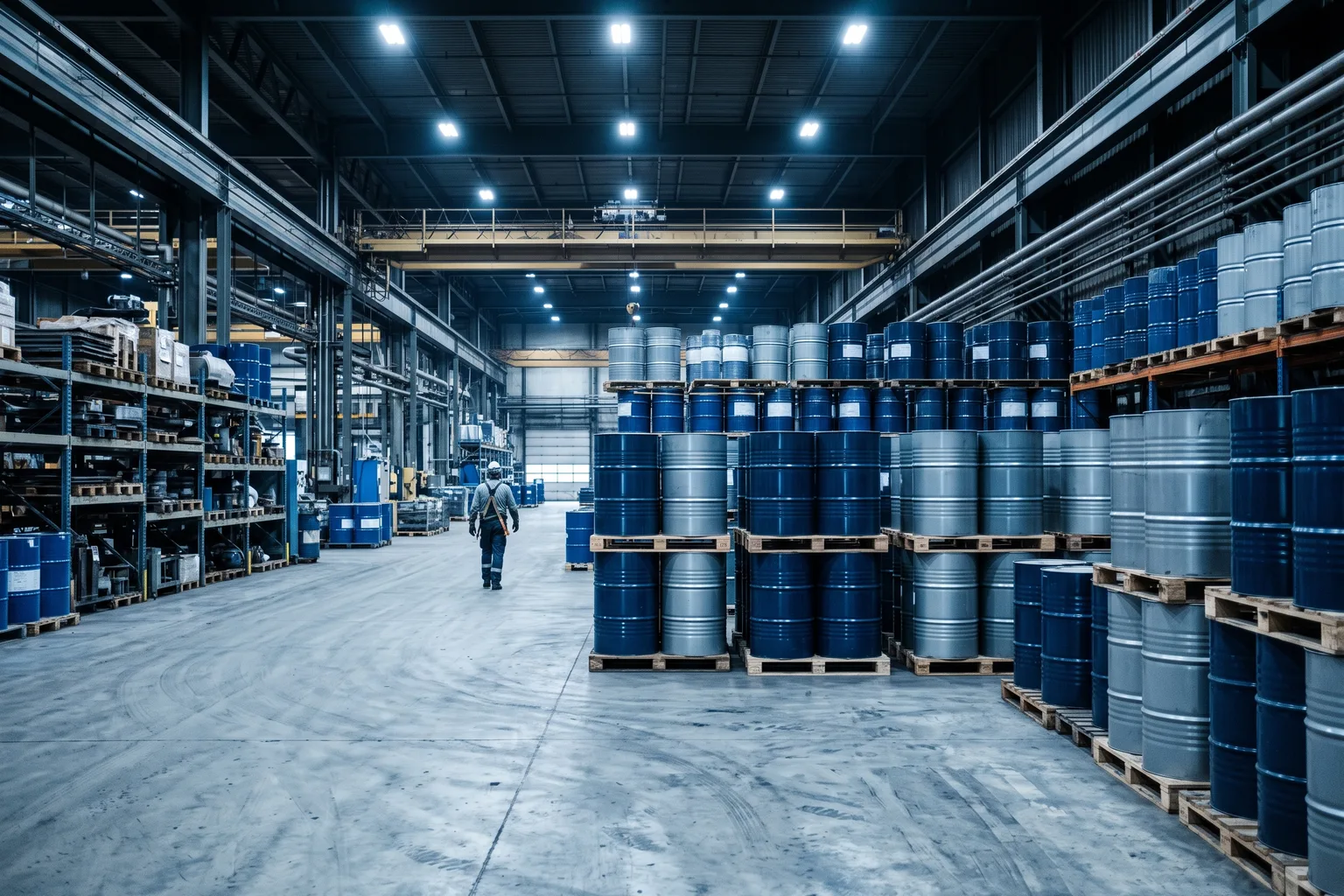 Bidones y tambores metálicos de lubricante industrial apilados en almacén de planta, perspectiva amplia, luz industrial fría, sin marcas ni logos legibles, foto documental realista