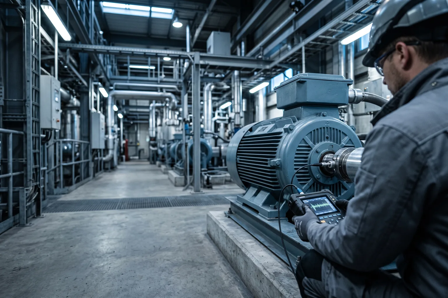Técnico de confiabilidad realizando análisis de vibraciones con un analizador portátil sobre el rodamiento de un motor industrial, en una sala de máquinas