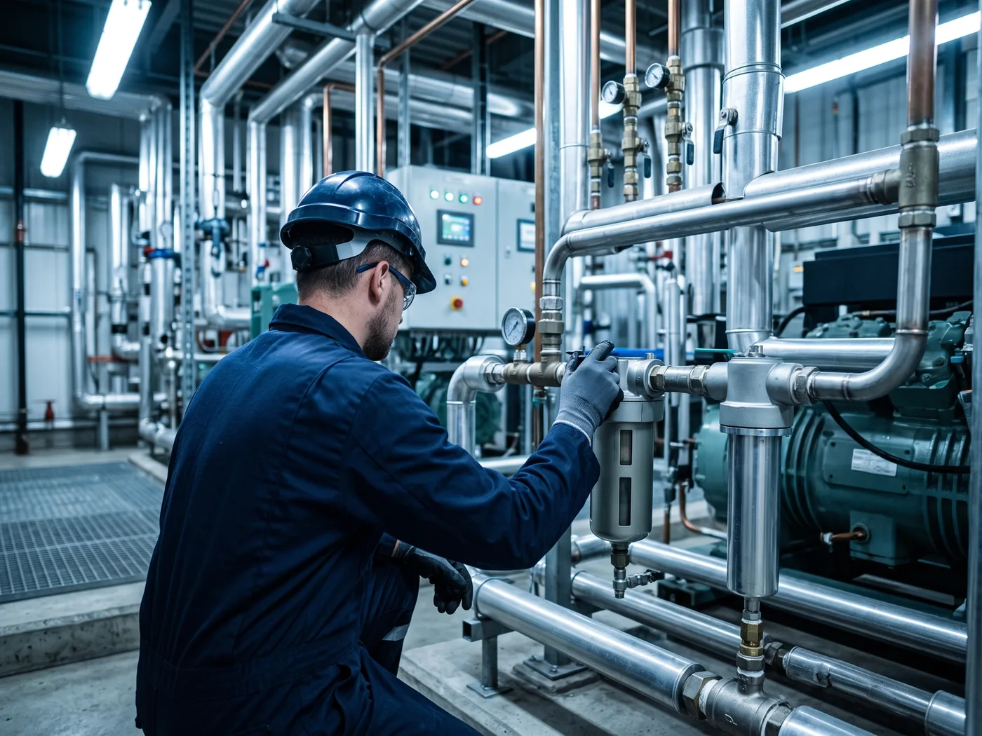 Técnico de mantenimiento industrial revisando un sistema de aire comprimido y tratamiento en una sala de compresores de una planta industrial, tuberías metálicas y paneles de control al fondo, luz fría de nave industrial, fotografía documental de producto en uso, sin marcas ni logotipos visibles