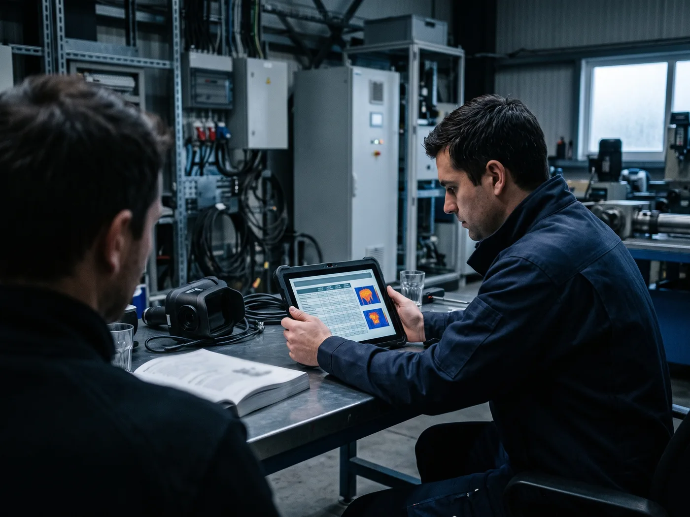 Comercial técnico mostrando en una tablet o portátil una tabla comparativa de precios de cámaras termográficas a un cliente en una sala de reuniones industrial, ambiente serio de negociación B2B, foto documental realista
