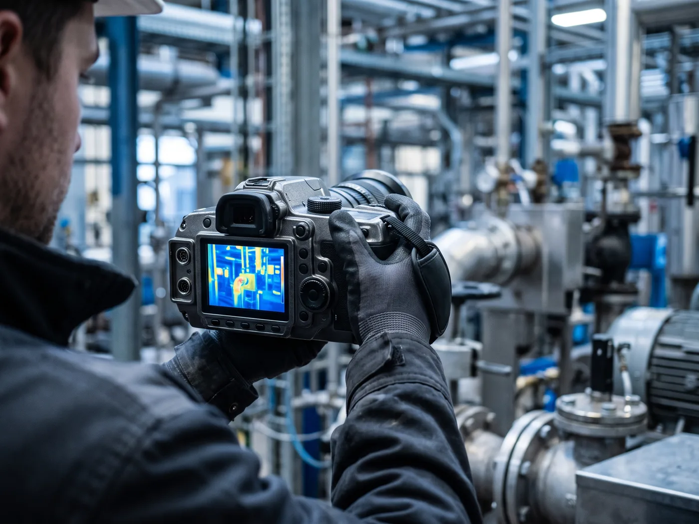 Primer plano de una cámara termográfica industrial en manos de un técnico, entorno de planta industrial desenfocado al fondo, foto realista de producto en uso, no stock genérico
