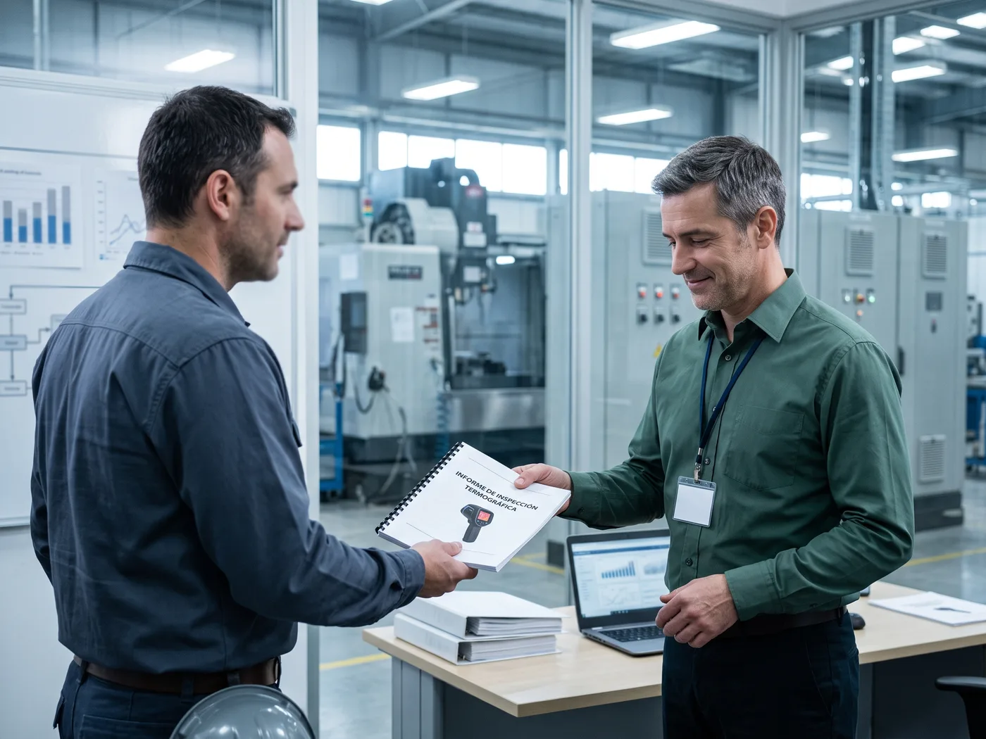 Ingeniero de ventas técnicas entregando un informe de inspección termográfica con garantía documentada a un director de compras u operaciones en una oficina de planta industrial, apretón de manos o entrega de documento, foto realista B2B