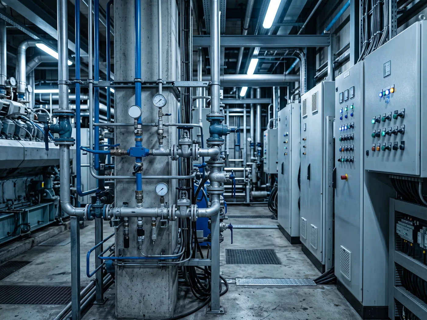 Sala de máquinas industrial con tuberías de aire comprimido y cuadros eléctricos, planta real, sin personas posando, foto documental