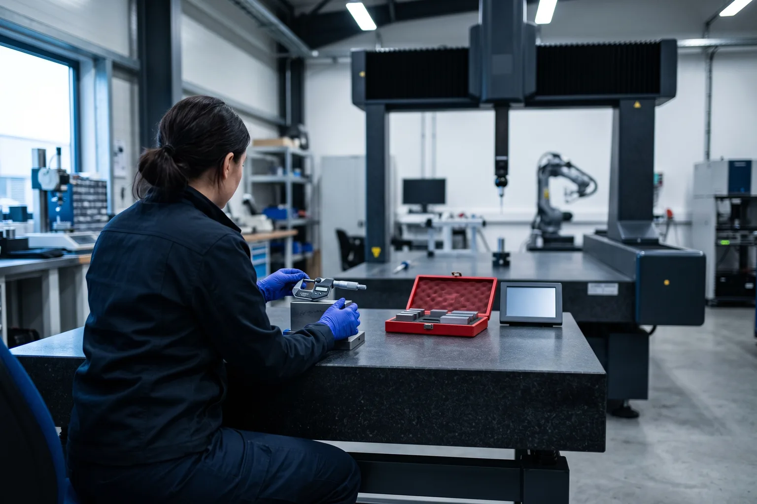 Metrólogo con guantes de nitrilo verificando un micrómetro digital contra un bloque patrón calibrado sobre una mesa de granito antivibración en un laboratorio de metrología, con una máquina de medición por coordenadas (CMM) de puente desenfocada al fondo