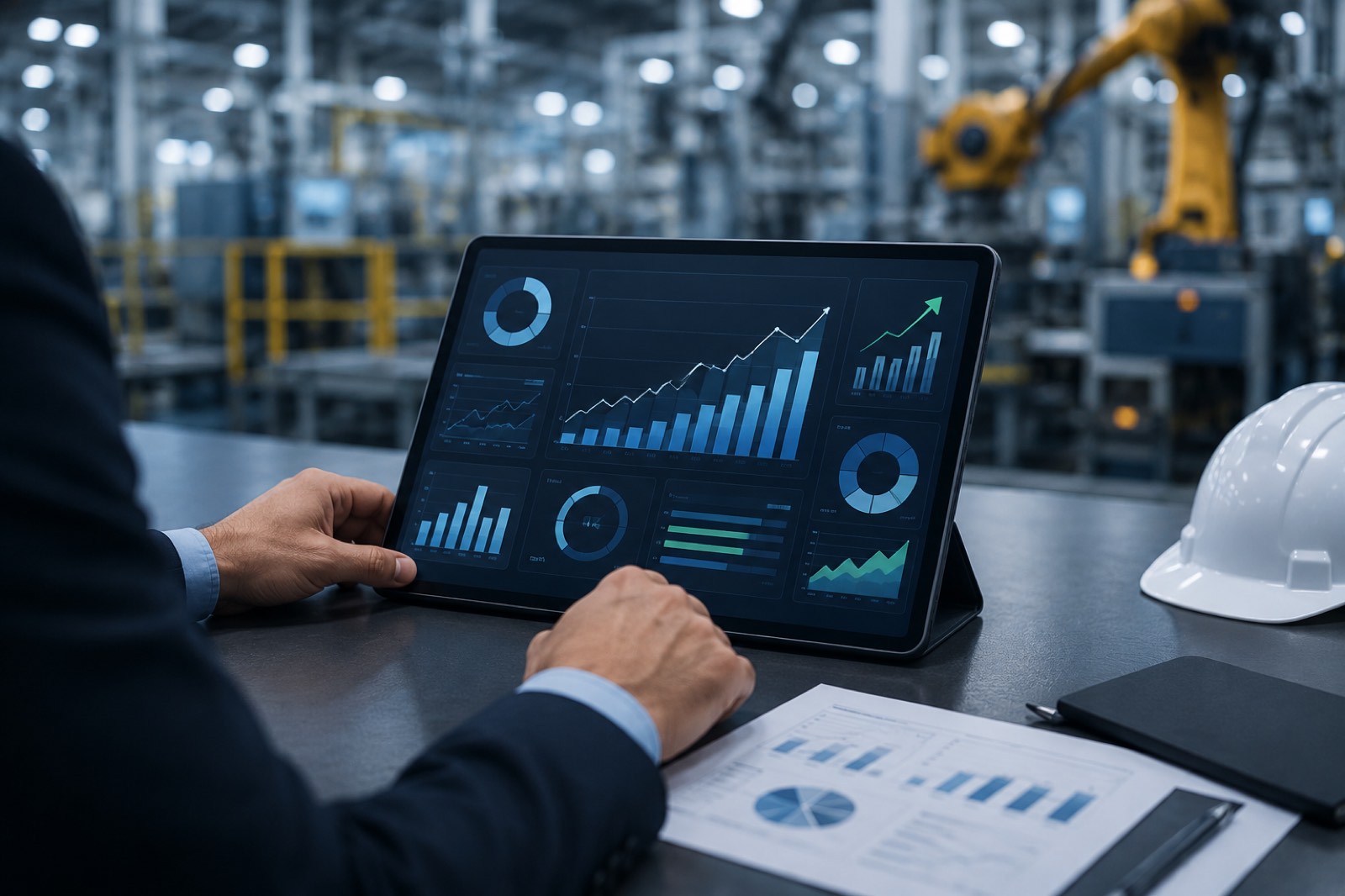 Caso de negocio de un proyecto de automatización: cuadro de mando con indicadores de rentabilidad ascendentes en una planta industrial