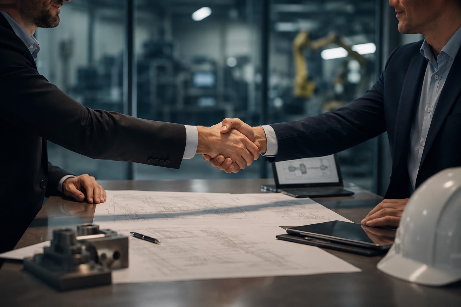 Dos profesionales B2B cerrando un acuerdo en la negociación de un proyecto de automatización