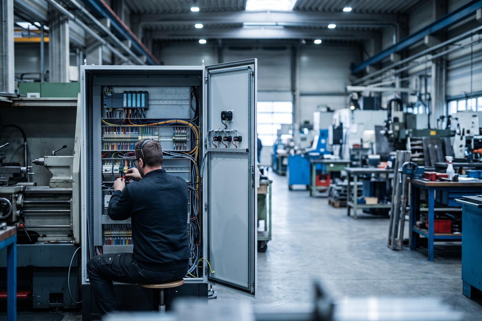 Técnico industrial interviniendo el armario de control CNC de un torno durante una modernización: nuevo panel eléctrico abierto, cableado ordenado, planta metalmecánica de fondo desenfocada