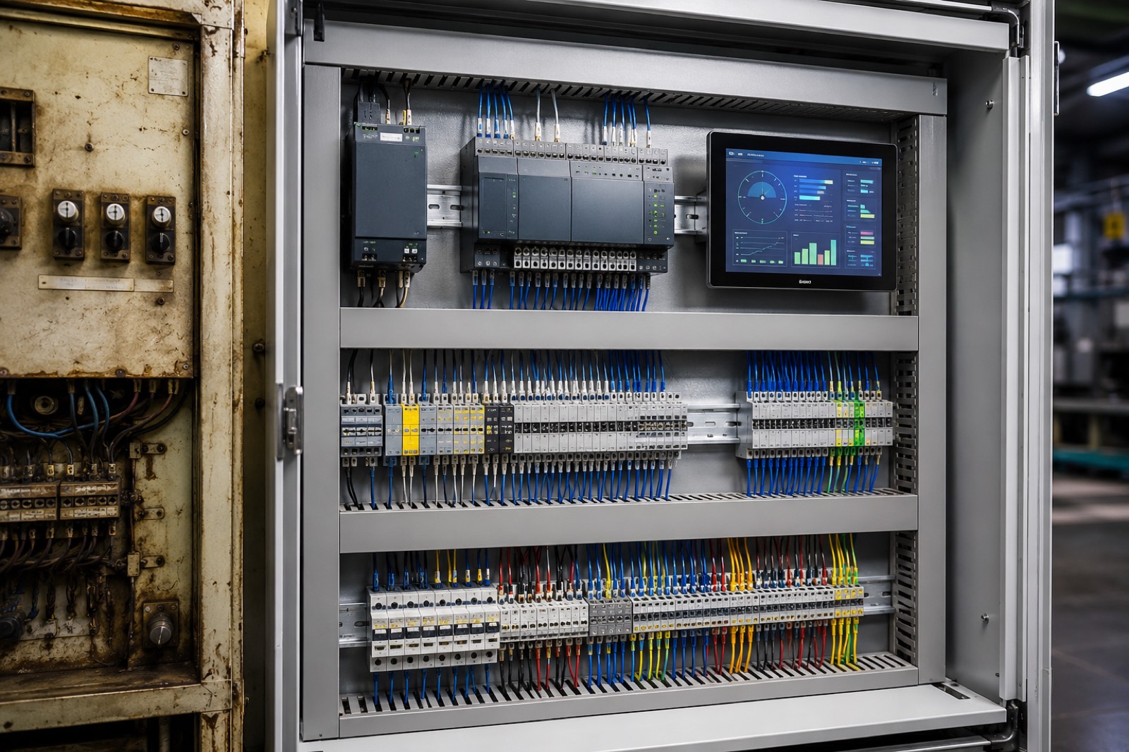 Panel HMI moderno con cableado tras la migración de un autómata obsoleto