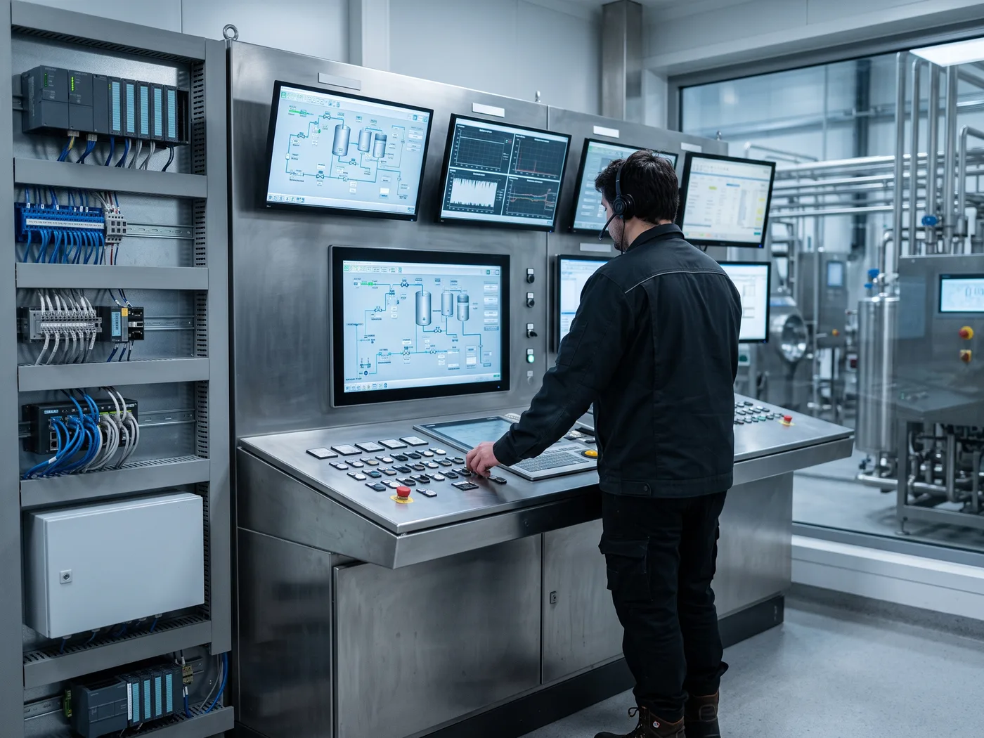 Sala de control con panel PLC/SCADA y pantallas de monitorización de un ciclo CIP, ingeniero de planta consultando la trazabilidad del lavado, luz industrial fría, sin personas identificables de frente
