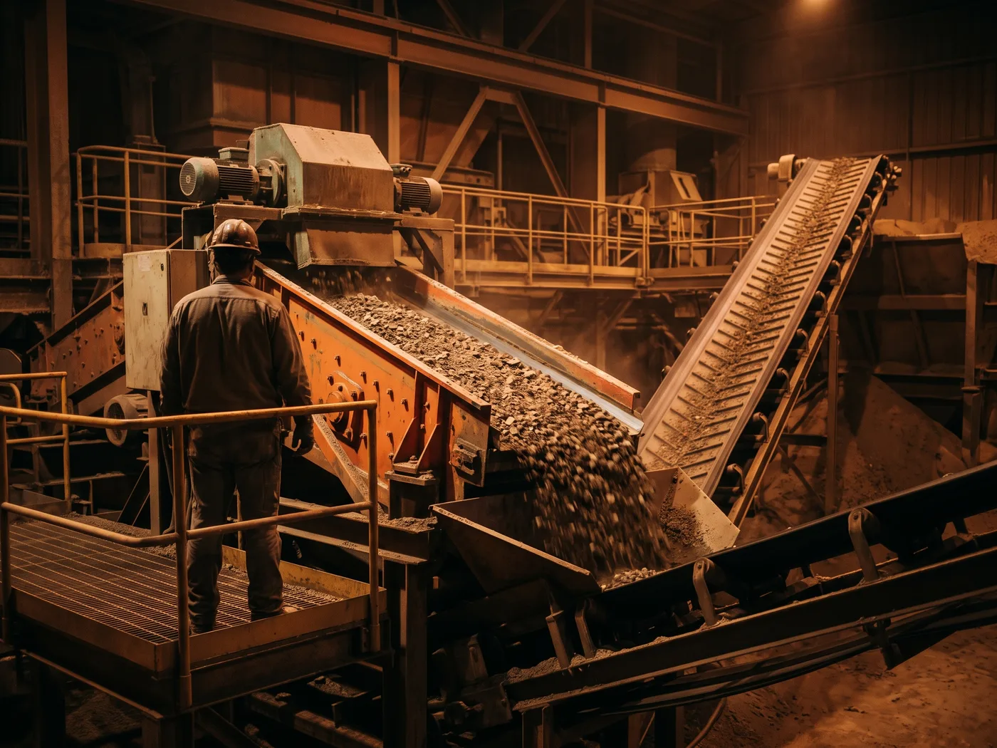 Planta de cribado con criba vibrante y cinta de descarga de material clasificado, plano general de proceso industrial, sin rostros reconocibles