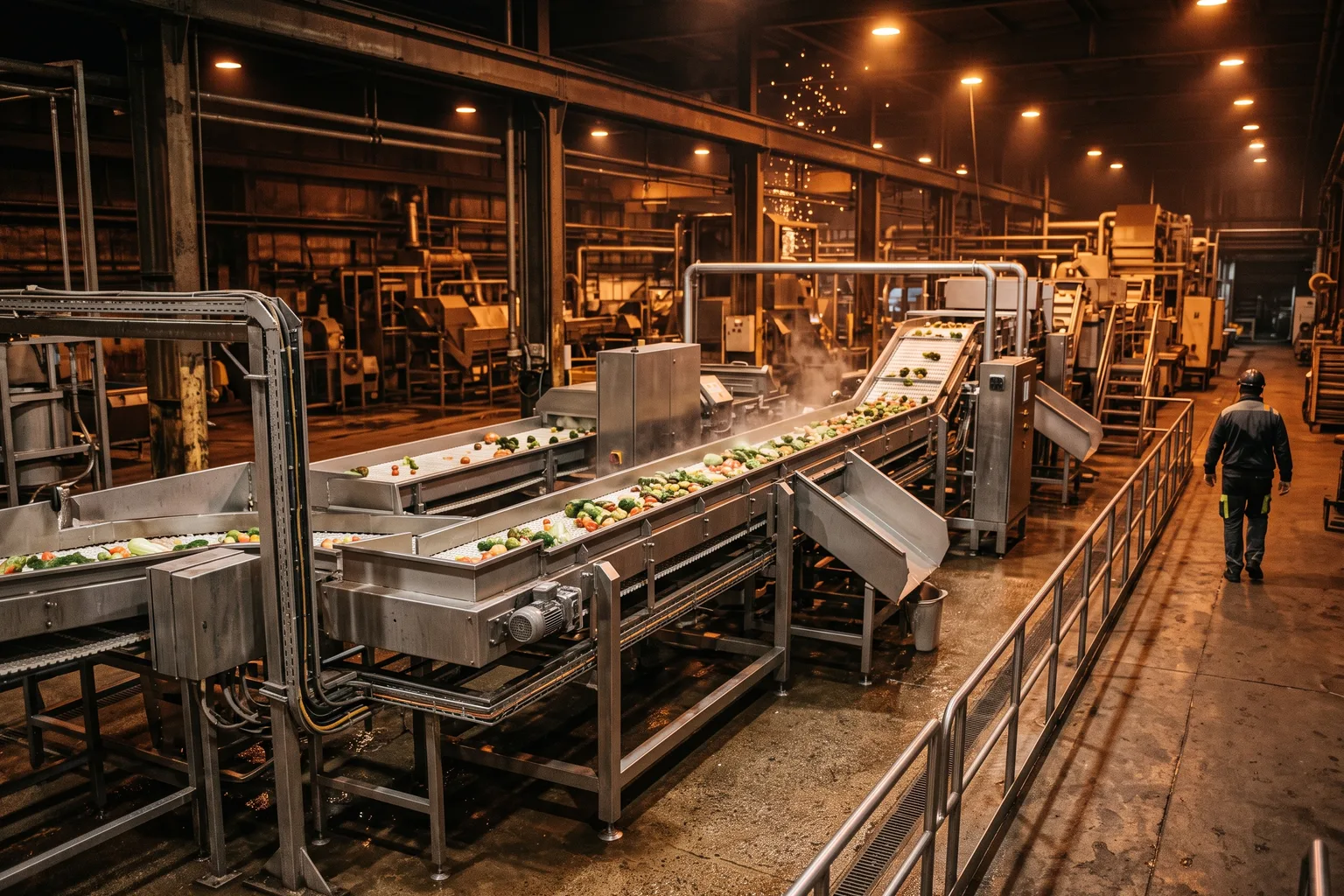 Banda transportadora modular industrial en una planta de proceso agroalimentario, recepción o clasificación, acero inoxidable y estructura metálica, luz industrial fría, vapor o agua ligera, sin personas identificables de frente