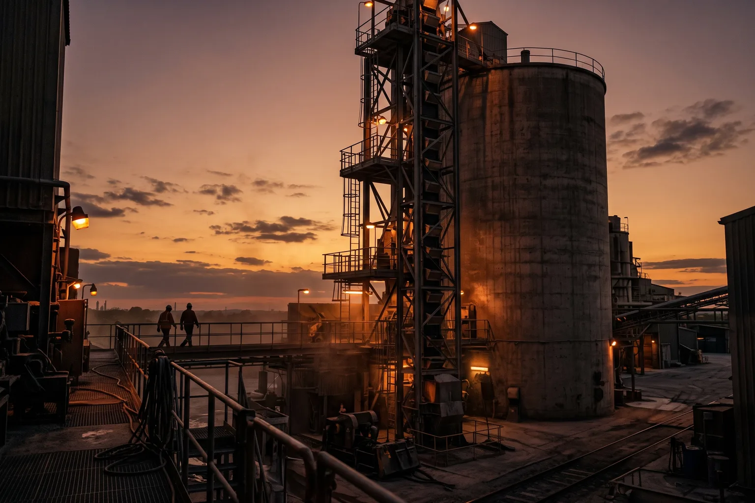 Elevador de cangilones industrial junto a un silo de cemento al atardecer, luces industriales encendidas, polvo fino en el aire, estructura metálica robusta, composición con el tercio superior más despejado