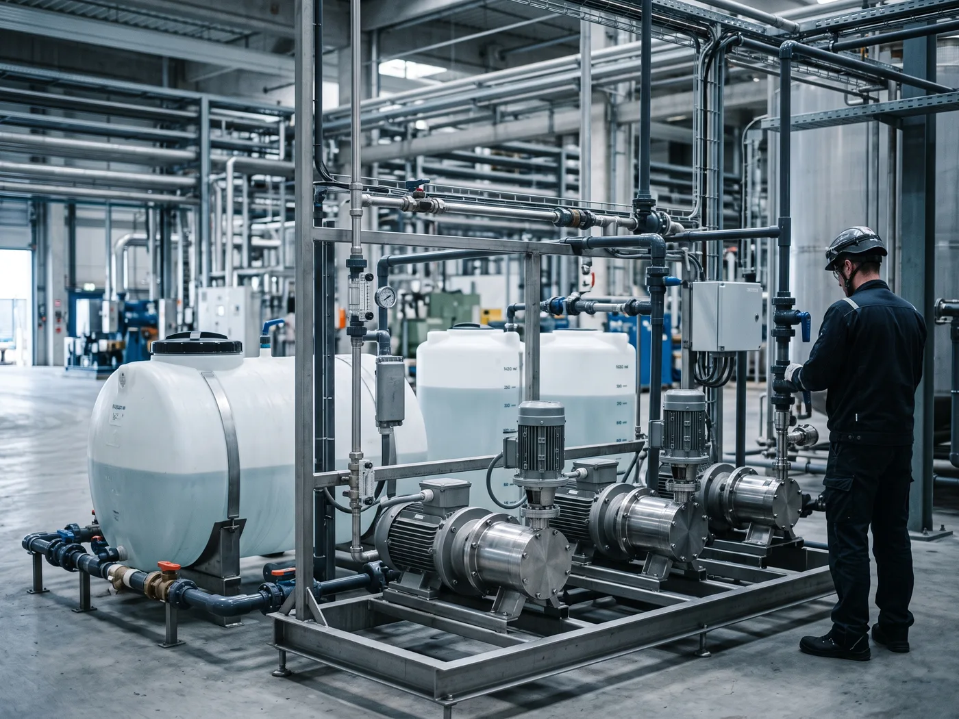 Sistema de dosificación química industrial con bombas dosificadoras y tanques de antiespumante en una planta de proceso, vista amplia con espacio negativo hacia la izquierda