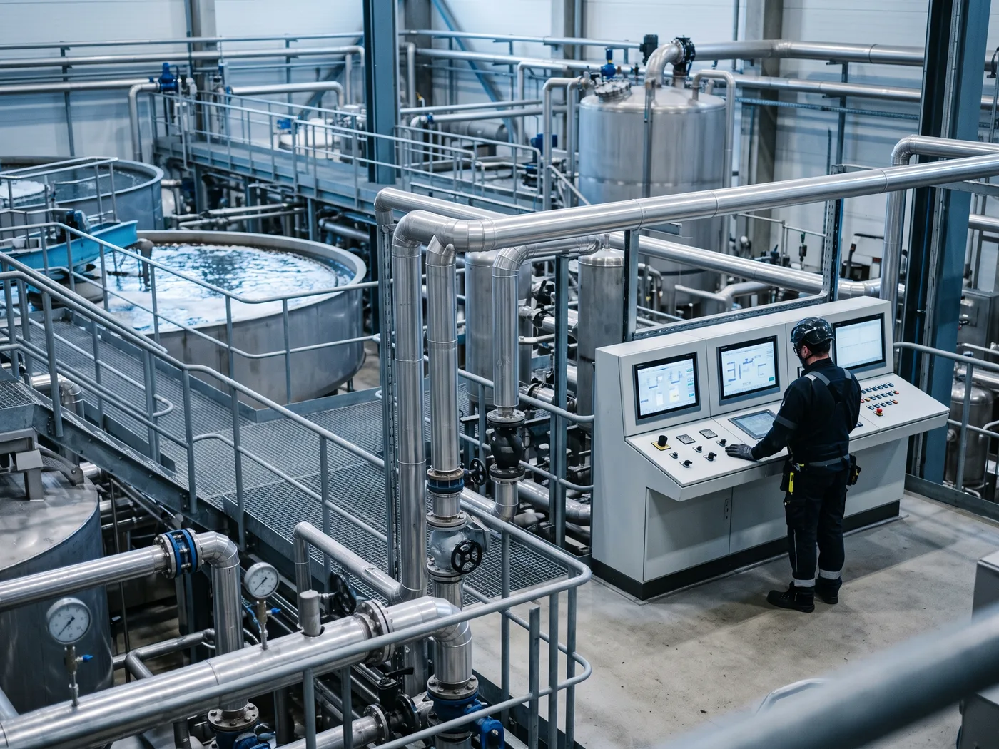 Vista de una planta de tratamiento de aguas industriales o de pasta y papel con tanques de proceso, tuberías y un panel de control, ambiente industrial limpio y profesional