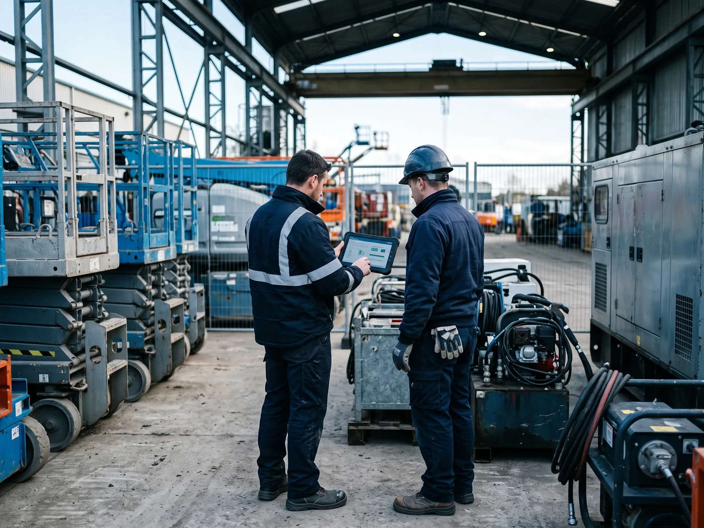 Dos técnicos de una empresa de renta de equipo industrial revisan en una tablet el parte de disponibilidad de la flota (plataformas elevadoras y generadores) en el patio de una delegación, de espaldas o en semi-perfil sin rostro protagonista, luz natural de nave industrial, fotografía realista de ambiente técnico.