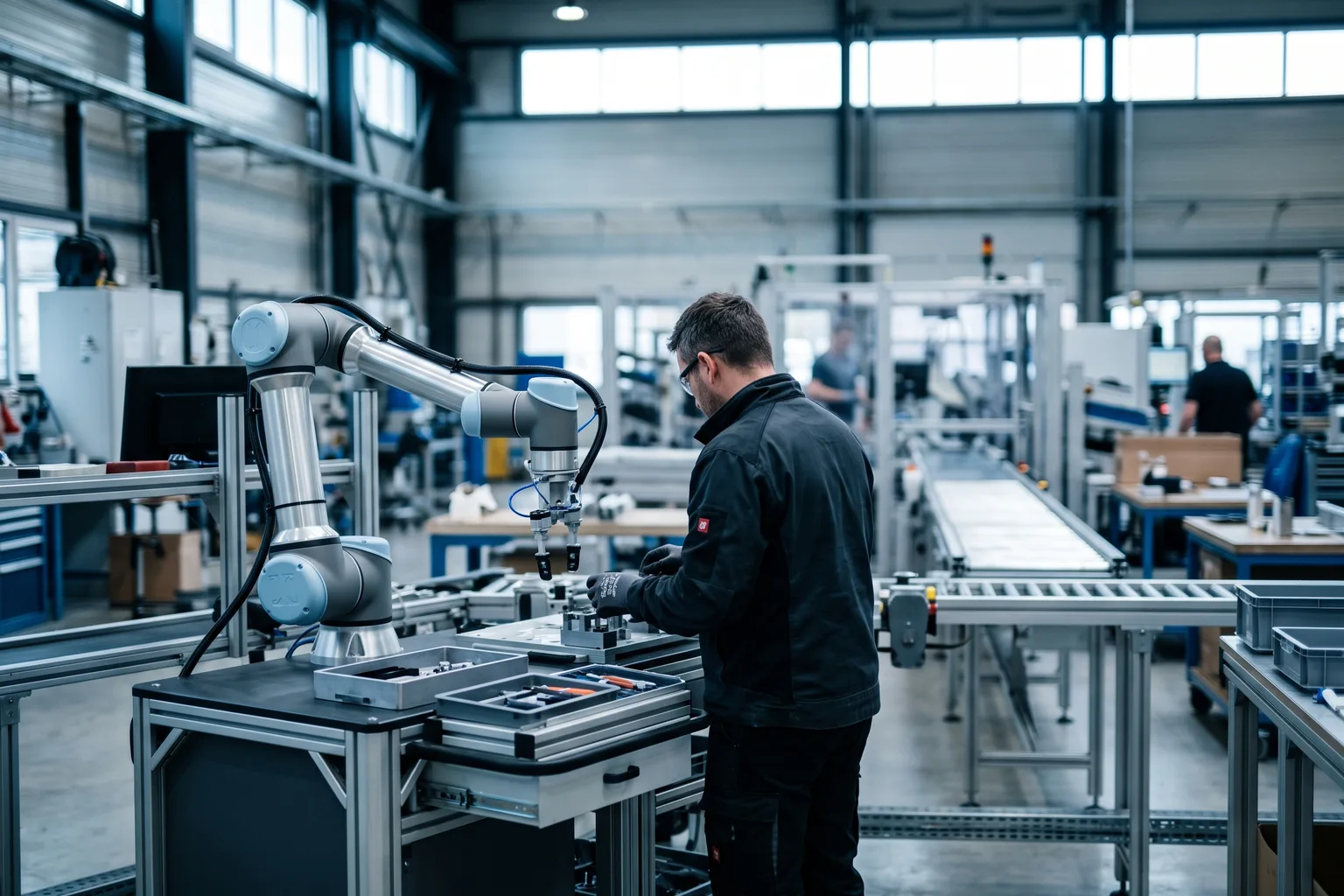 Cobot industrial de propósito general, sin vallado ni jaula de seguridad, trabajando codo con codo junto a un operario en una planta de manufactura discreta; brazo colaborativo compacto en primer plano, línea de producción moderna al fondo, luz natural de nave industrial, ambiente de confianza y proximidad humano-robot