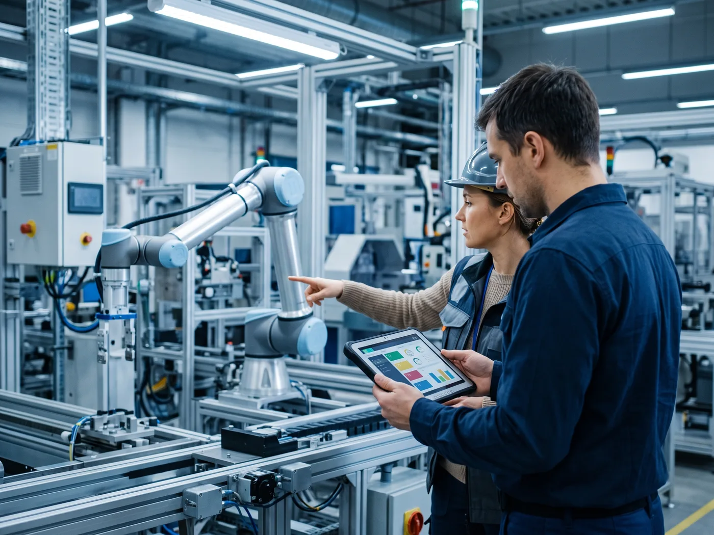 Ingeniero comercial y responsable de planta revisando en una tablet las aplicaciones que puede cubrir un cobot instalado, de pie junto al brazo robótico colaborativo en la línea, gesto de diagnóstico conjunto, planta industrial de fondo