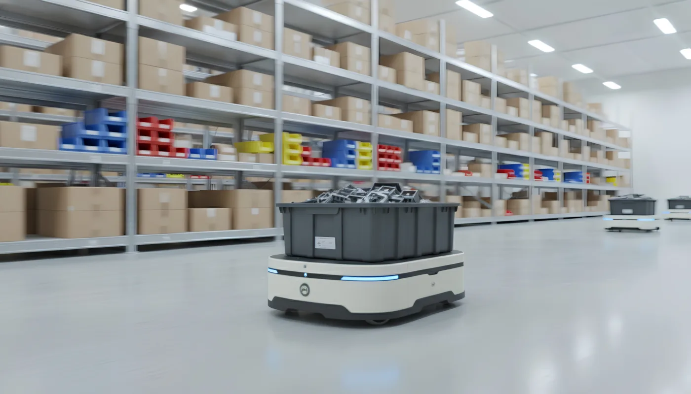 Robot móvil autónomo (AMR) transportando carga en una planta de intralogística