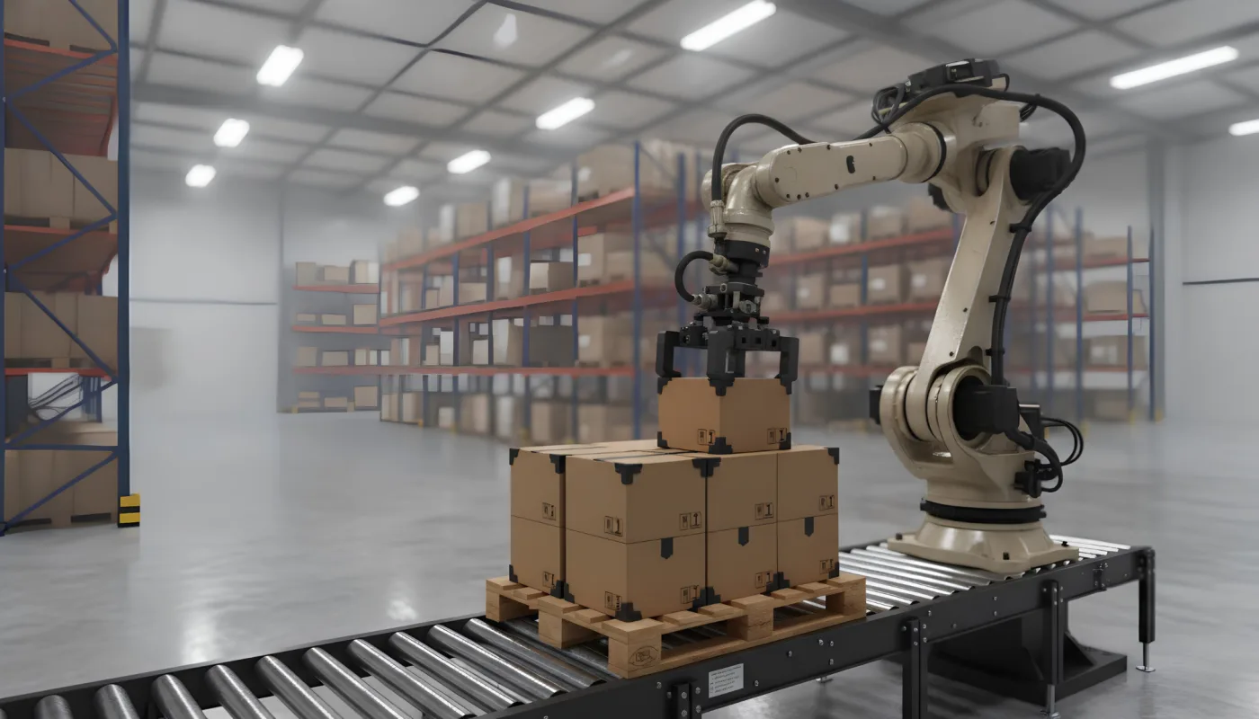 Robot de paletizado apilando cajas en el fin de línea