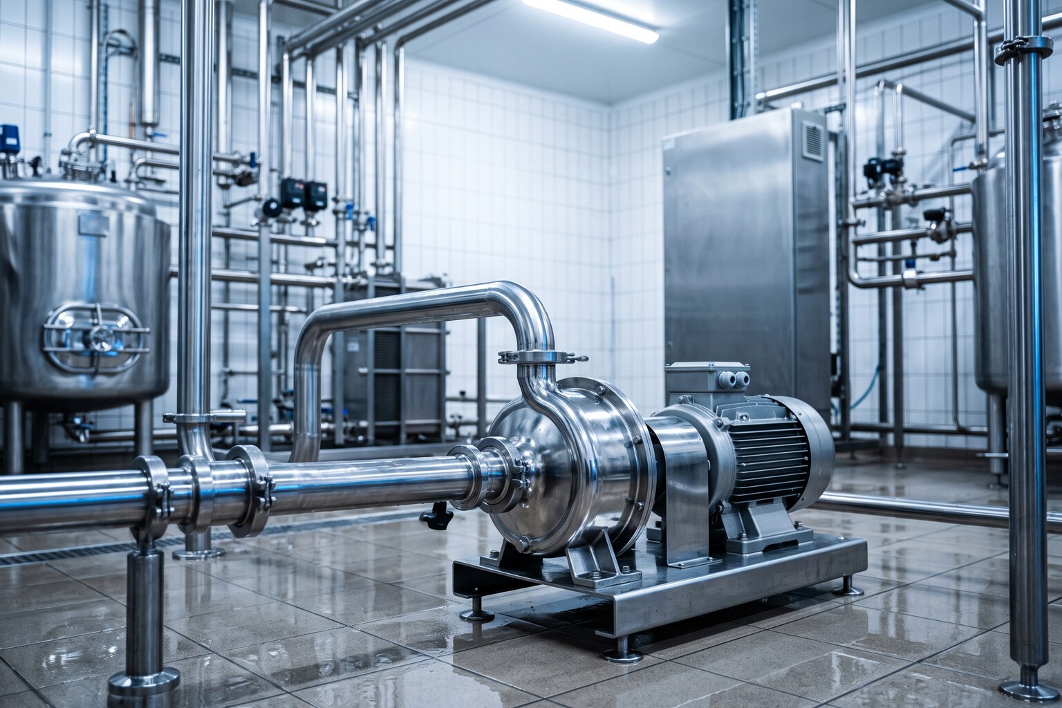 Bomba centrífuga sanitaria de acero inoxidable pulido conectada a tubería de proceso en una sala CIP de una planta alimentaria o farmacéutica, acabado sanitario brillante, iluminación técnica dramática con reflejos metálicos, fotografía industrial realista, sin personas.