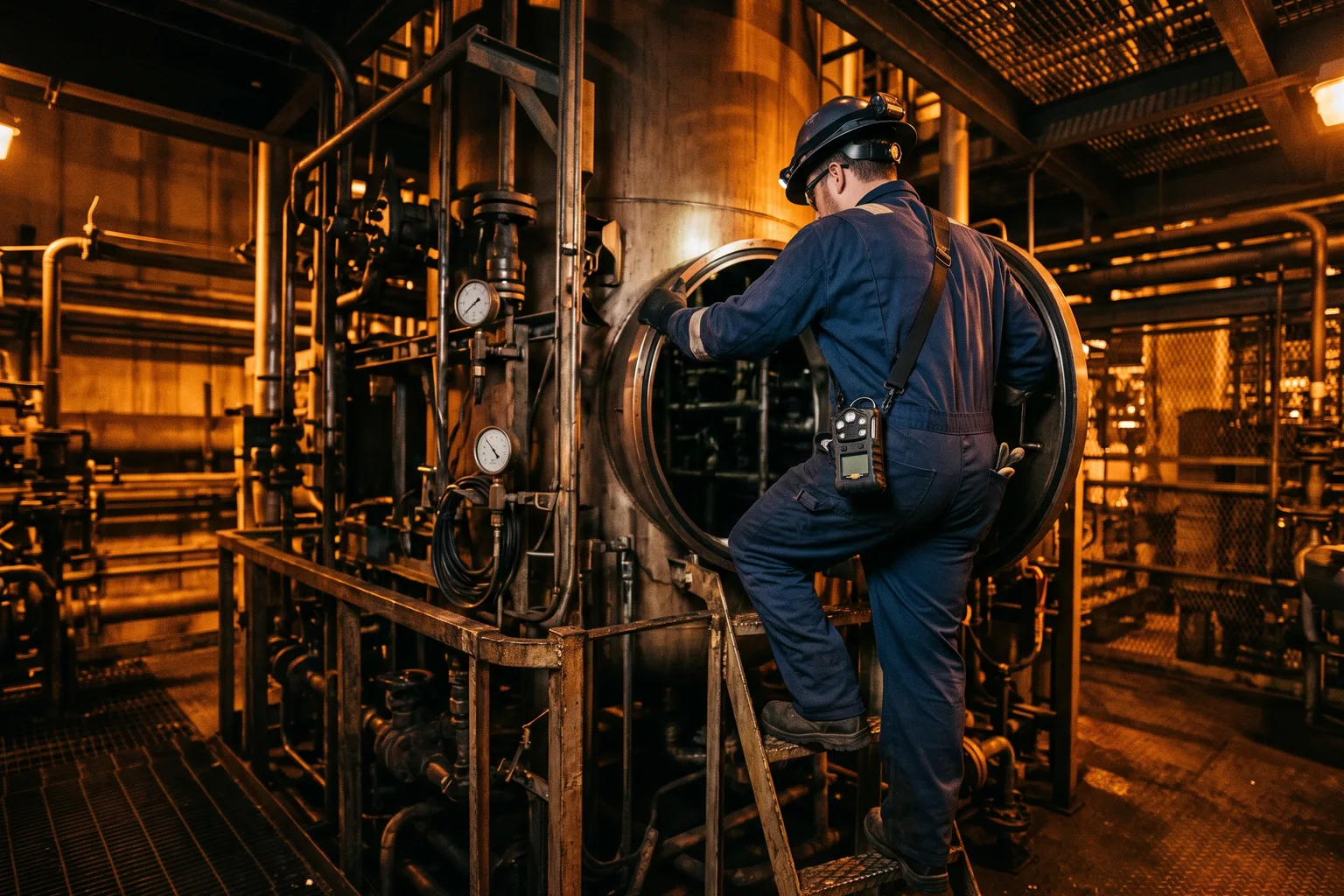 Técnico industrial con detector de gas portátil multigás enganchado al pecho, entrando a un espacio confinado en una planta química o de oil & gas, luz industrial dura, sin texto ni logos visibles