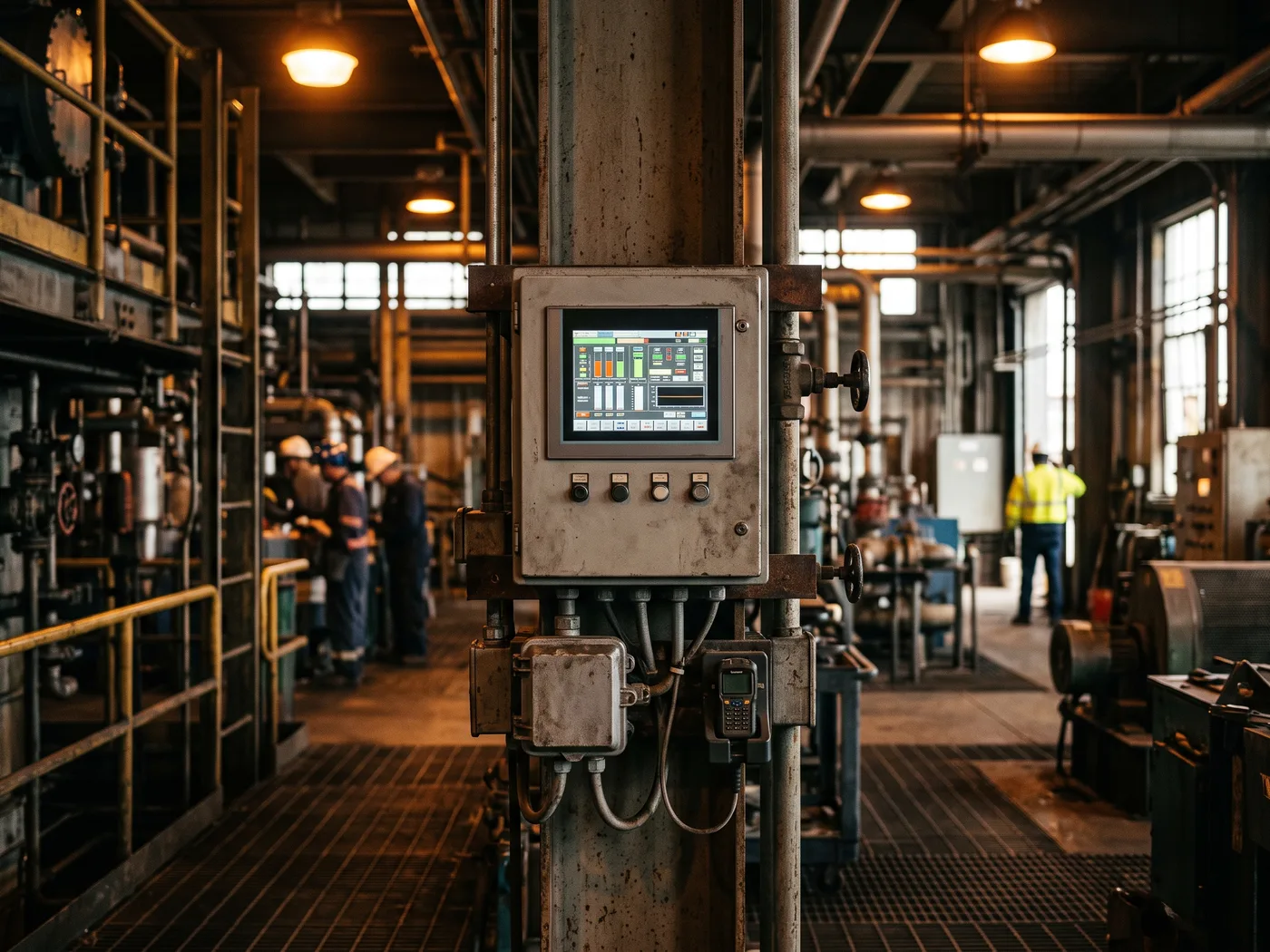 Panel de detección fija de gases con central de alarma en una planta industrial, o estación de calibración de detectores portátiles, luz natural, sin personas identificables en primer plano