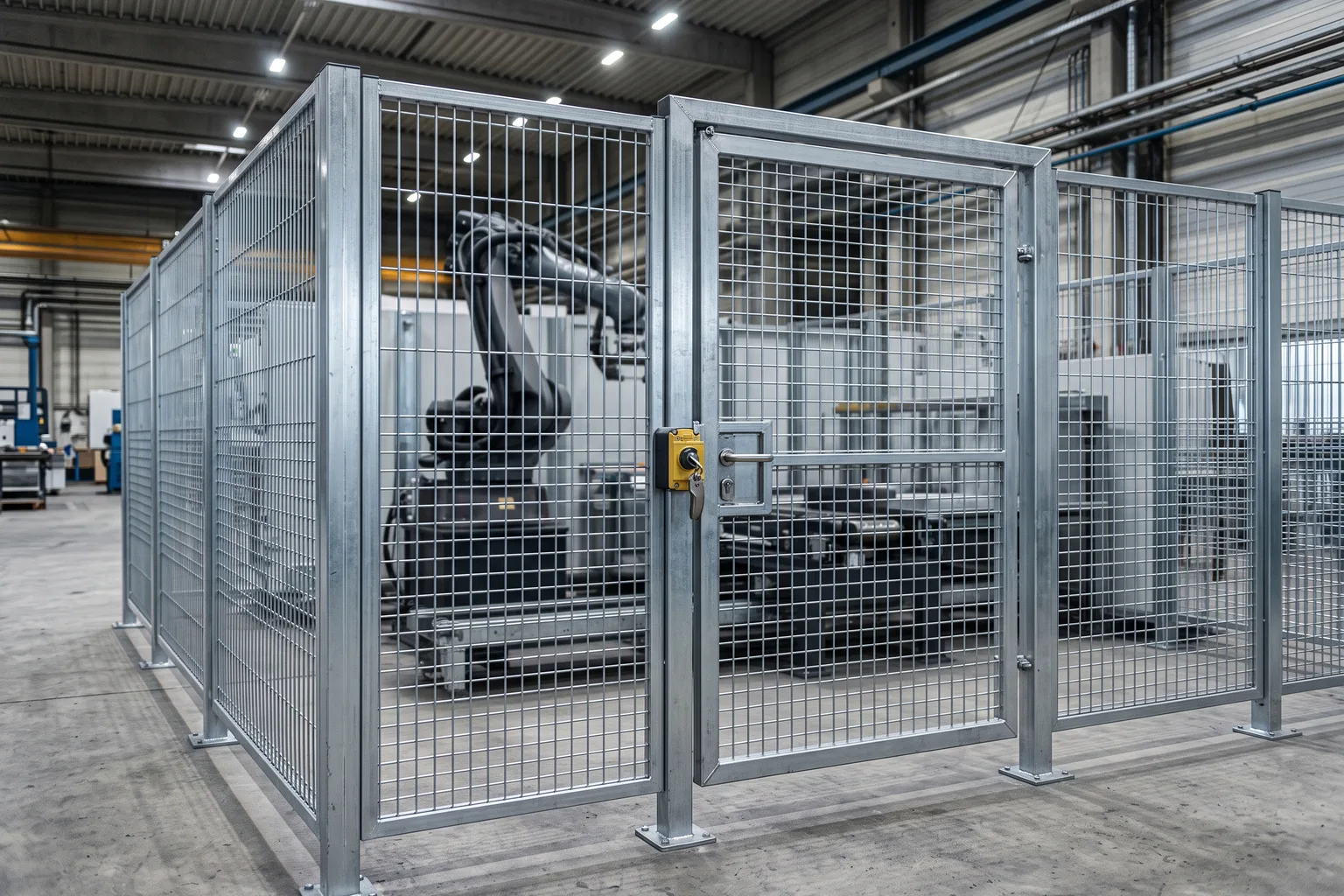 Vallado perimetral metálico modular con puerta de acceso y dispositivo de enclavamiento, alrededor de una celda robotizada en planta industrial real, luz dura de nave industrial, sin personas, foco en el detalle del cerramiento y el marco de la puerta