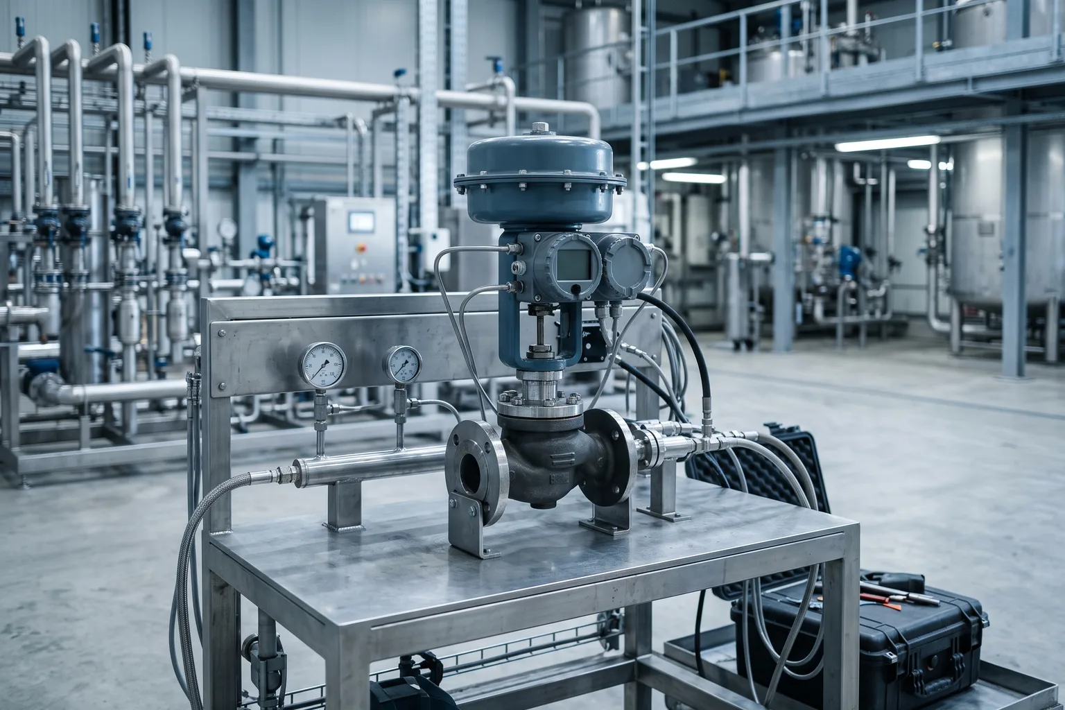Paquete de válvula, actuador neumático y posicionador digital ensamblado sobre un banco de pruebas industrial, en una planta de proceso