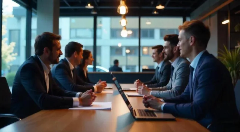 Representantes de software y socios de canal colaborando en una estrategia de expansión de mercado.