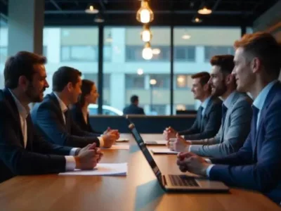 Representantes de software y socios de canal colaborando en una estrategia de expansión de mercado.