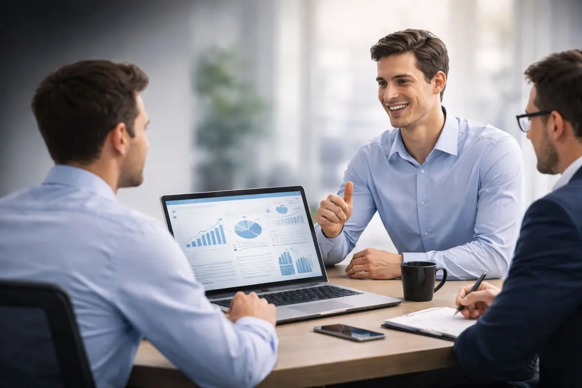 Formación en ventas para ingenieros con sesión práctica en sala de reuniones, presentando métricas y gráficos para convertir conocimiento técnico en resultados comerciales.