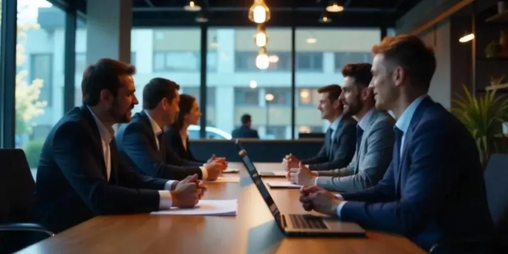 Representantes de software y socios de canal colaborando en una estrategia de expansión de mercado.